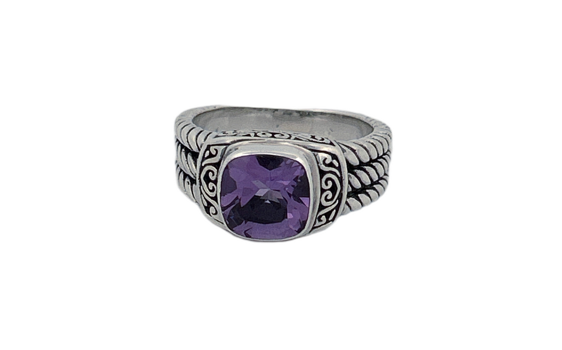 925 Sterling Silver Cushion Cut Natural Amethyst Ring - R42