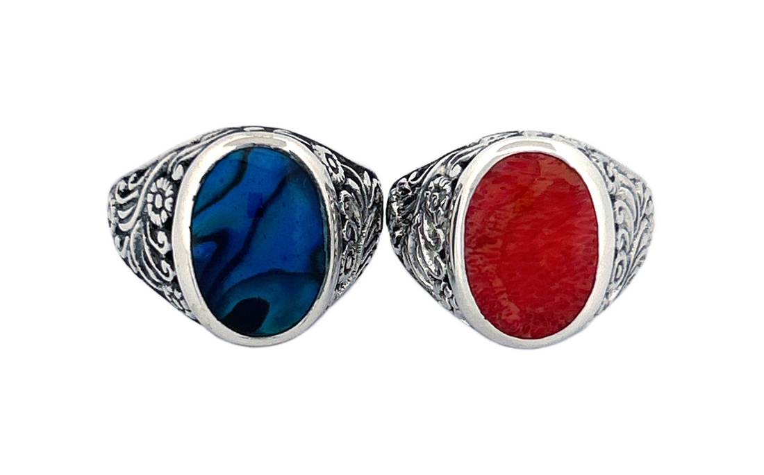 Sterling Silver Gemstone Rings – Abalone Shell & Coral