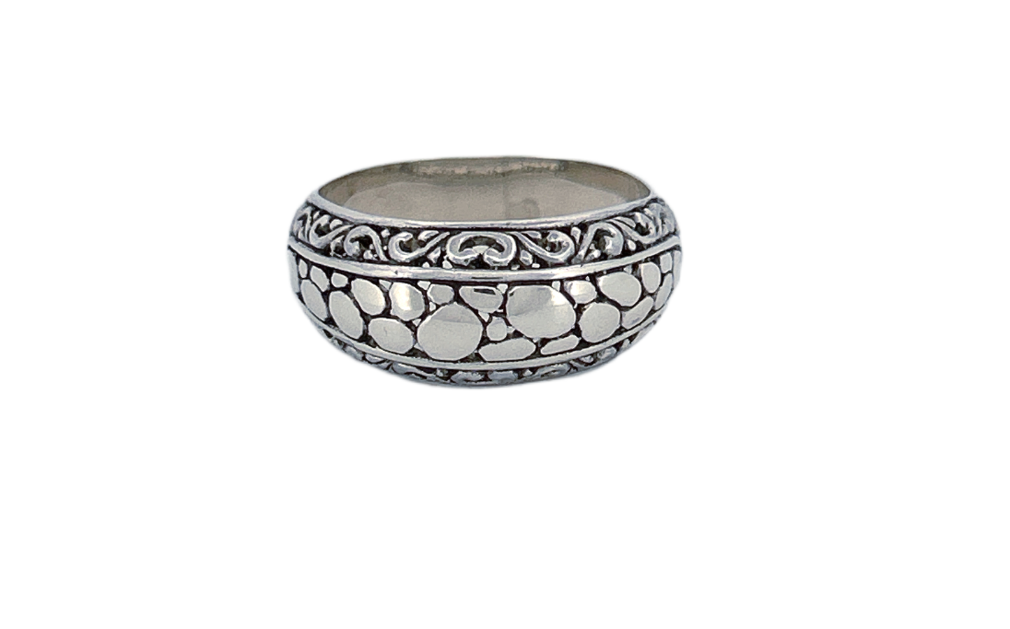 Sterling Silver Band Ring – Pebble & Scroll Pattern