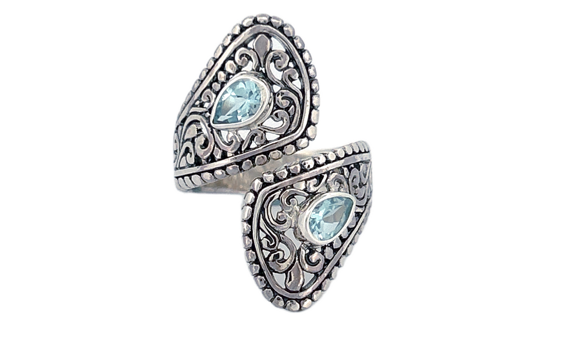 Sterling Silver Blue Topaz Ring – Dual Pear shape Filigree Design