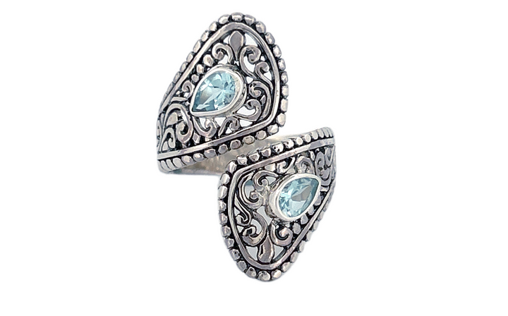 Sterling Silver Blue Topaz Ring – Dual Pear shape Filigree Design