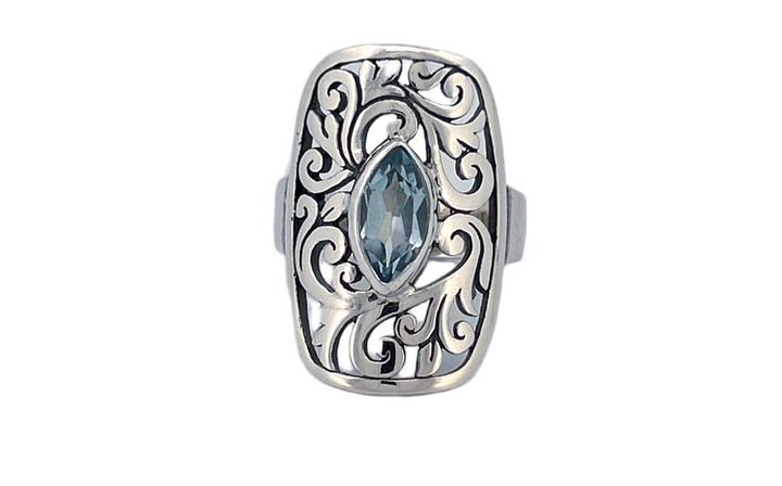 Sterling Silver Filigree Ring with Blue Topaz