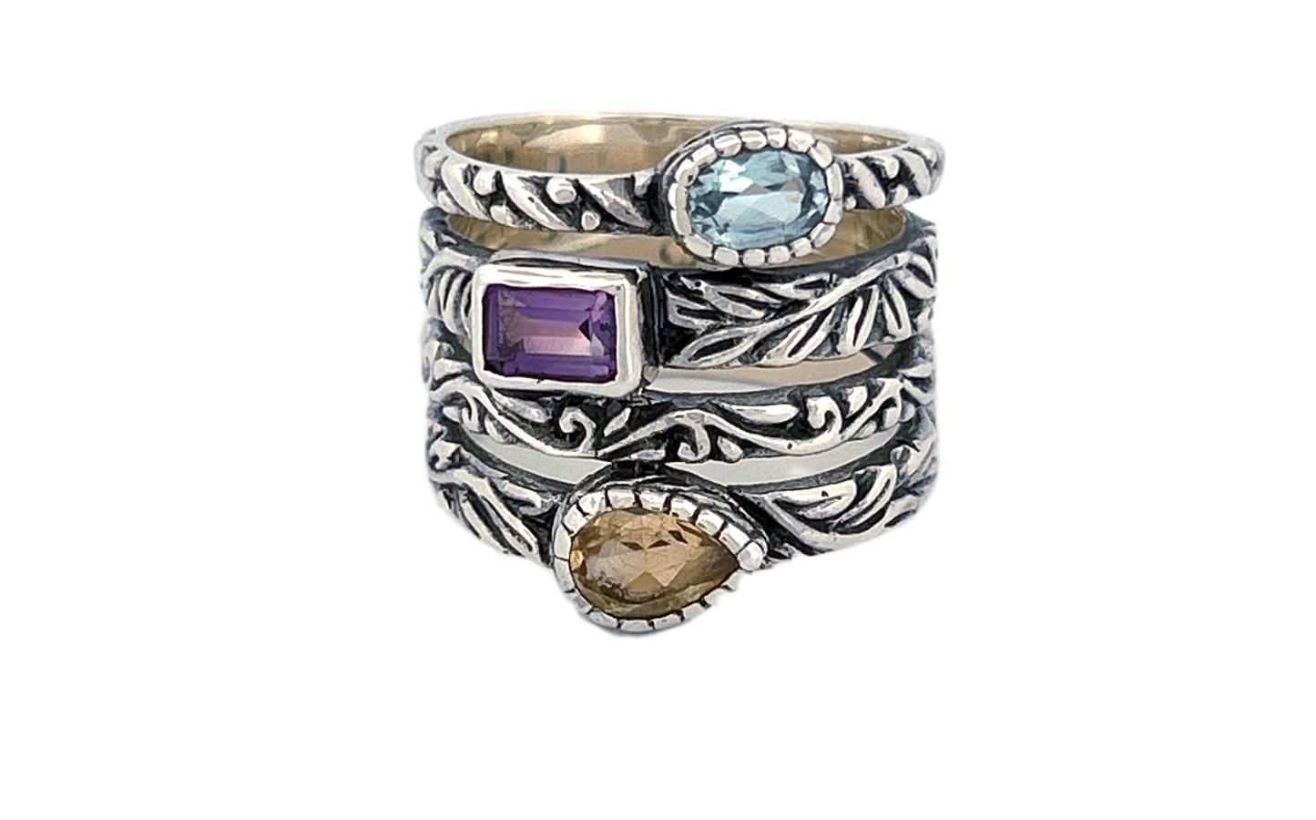 Sterling Silver Gemstone Stack Ring – Blue Topaz, Citrine & Amethyst