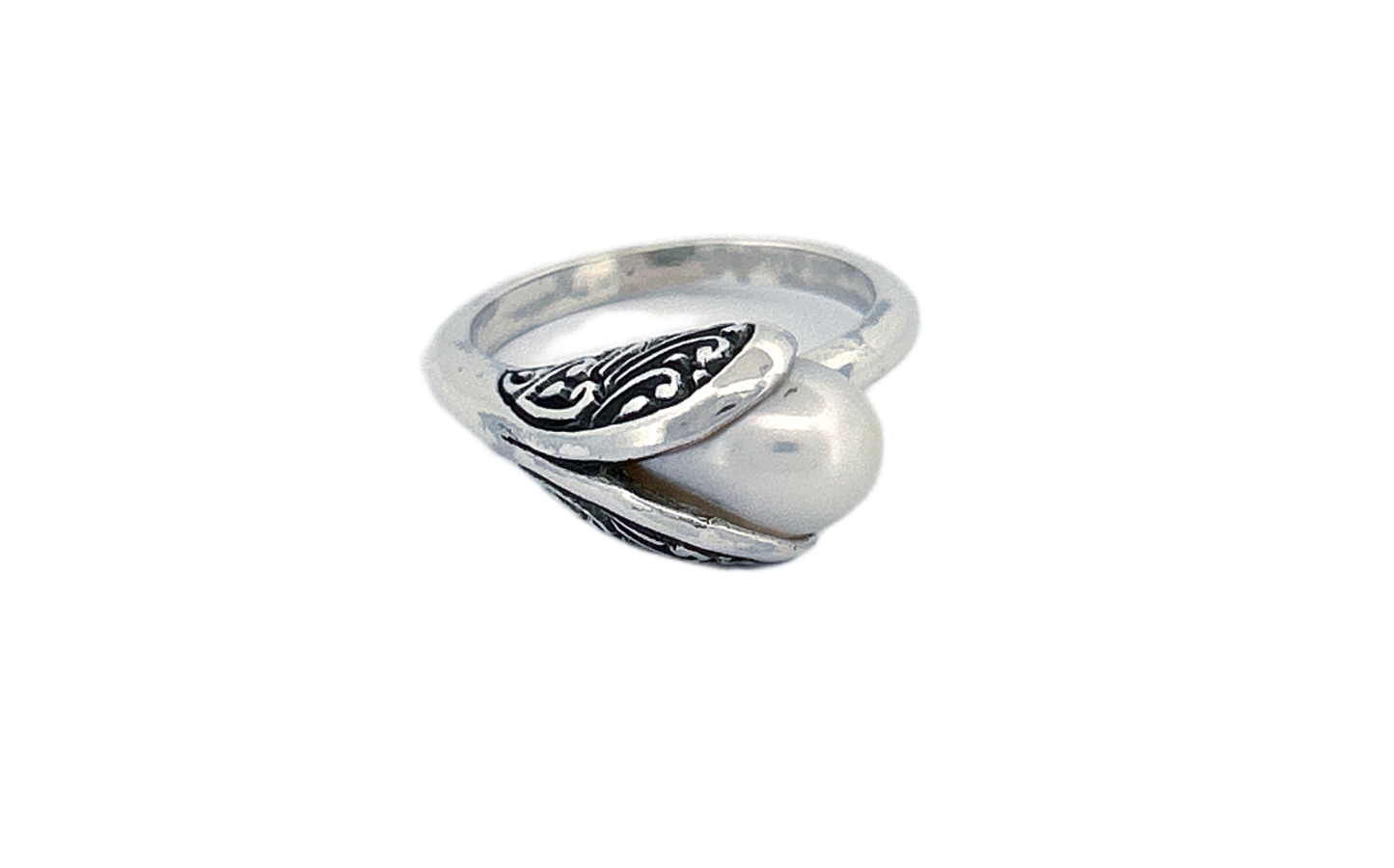 Sterling Silver Pearl Ring – Leaf Wrap Design