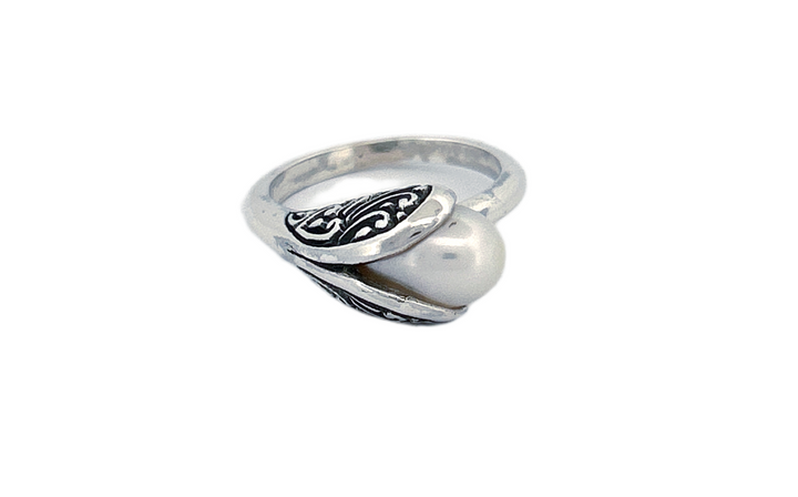 Sterling Silver Pearl Ring – Leaf Wrap Design