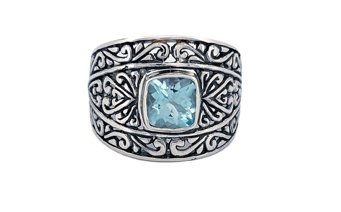 Sterling Silver Filigree Ring with Square‑Cut Gemstone