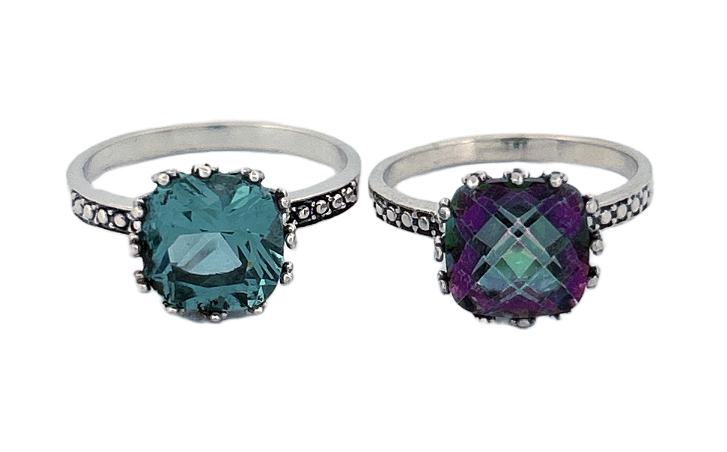 Sterling Silver Checker‑Cut Gemstone Rings – Teal CZ & Mystique Topaz