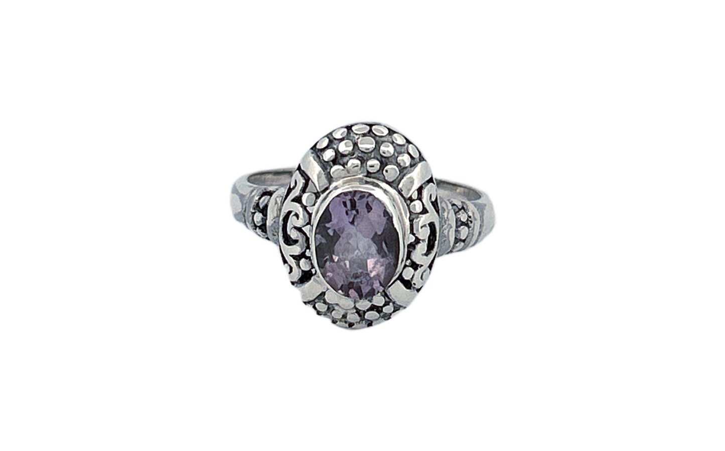 Sterling Silver Amethyst Ring – Ornate Oval Design