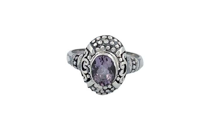 Sterling Silver Amethyst Ring – Ornate Oval Design