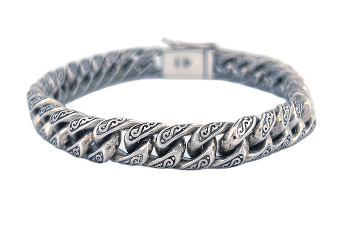 Hand-Carved Cuban Link Sterling Silver Bracelet – Handmade with Secure Box Clasp CB33