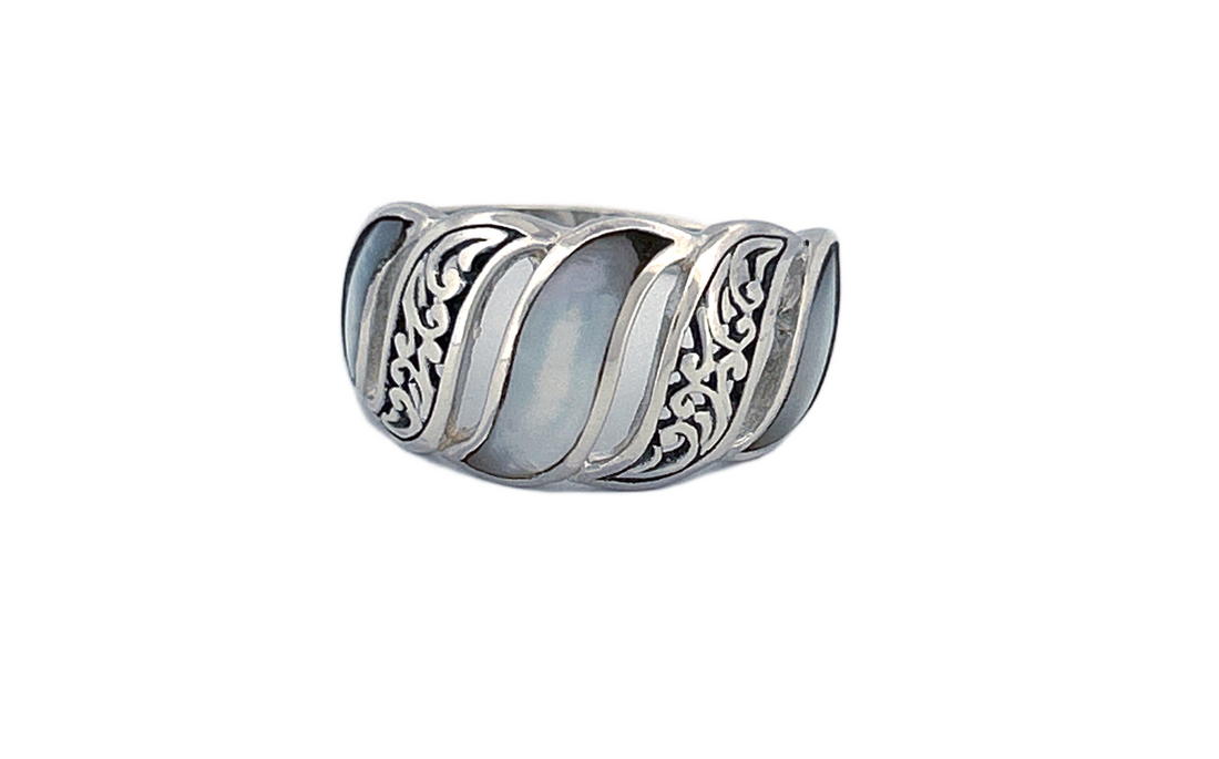 Sterling Silver Mother of Pearl Ring – Wave Pattern Design