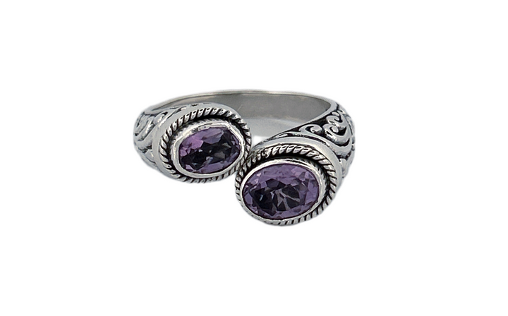925 Sterling Silver Natural Amethyst Bypass Ring-R37