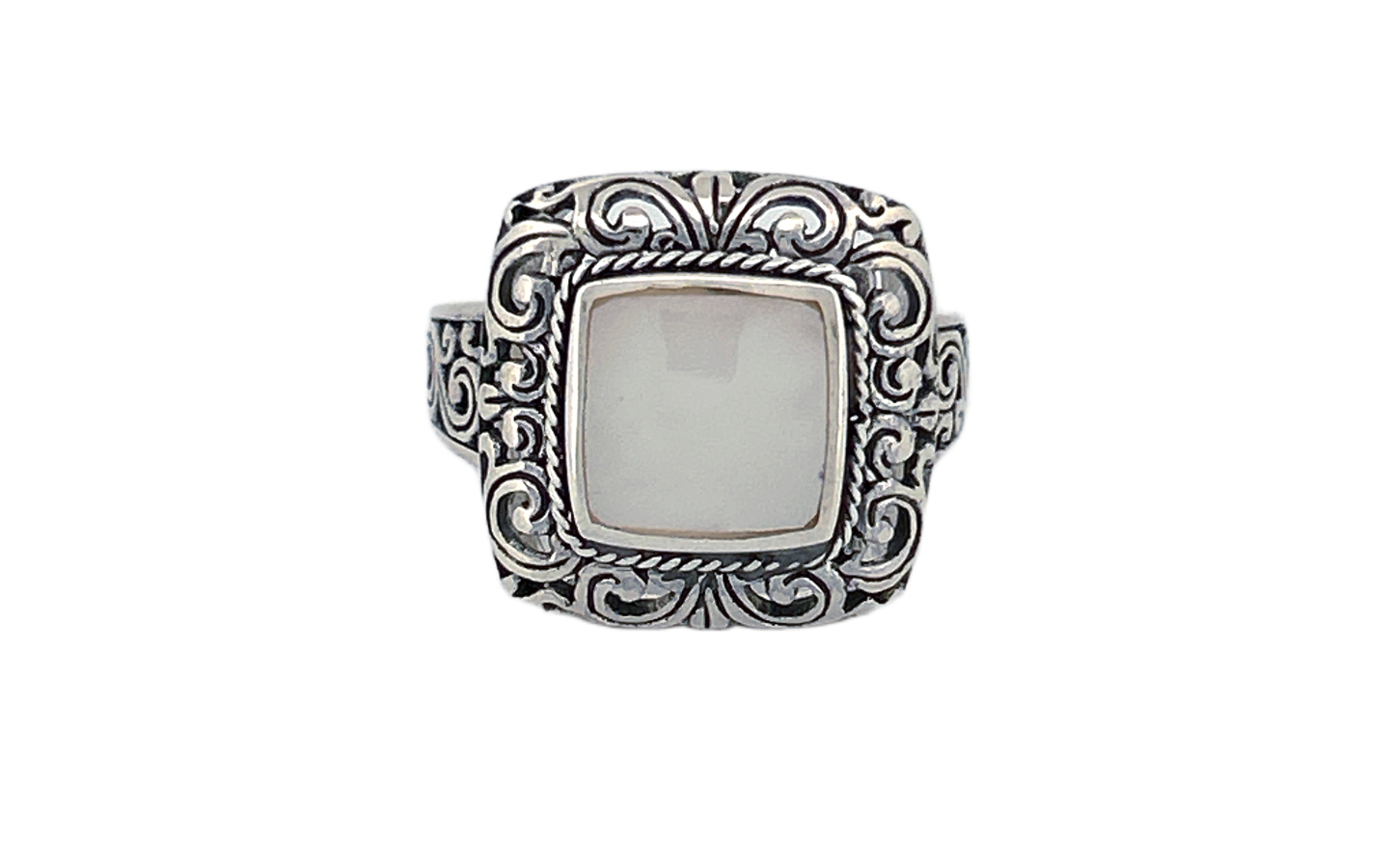 Sterling Silver Mother of Pearl Ring – Square Ornate Design