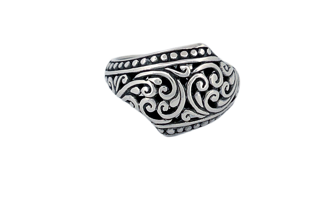 Sterling Silver Ornate Shield Ring – Swirl Design
