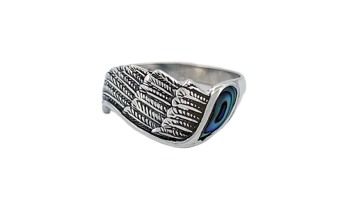 Sterling Silver Abalone Shell Ring – Peacock Feather Design