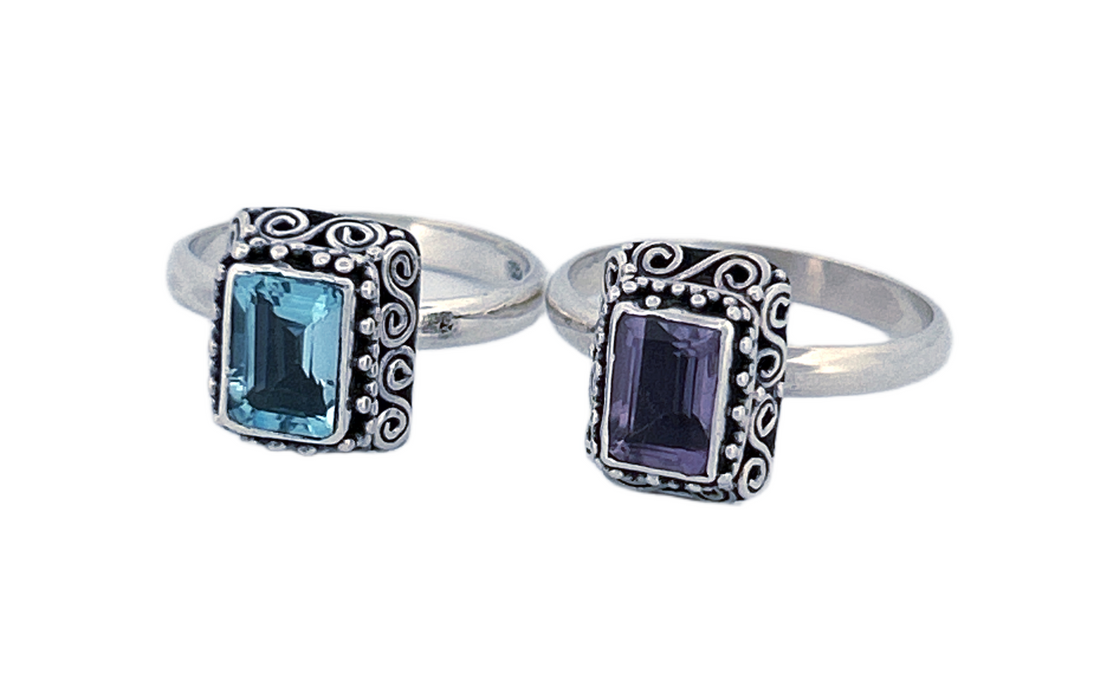 Hand Finished Sterling Silver Rectangular Cut Blue Topaz Ring- R73
