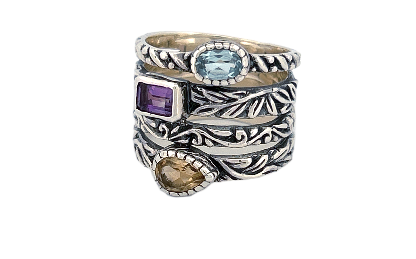 Sterling Silver Gemstone Stack Ring – Blue Topaz, Citrine & Amethyst