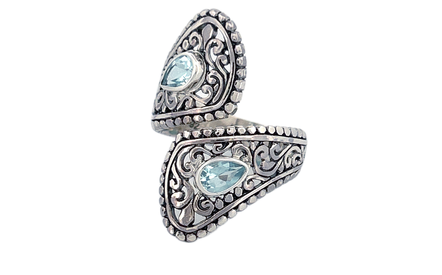 Sterling Silver Blue Topaz Ring – Dual Pear shape Filigree Design