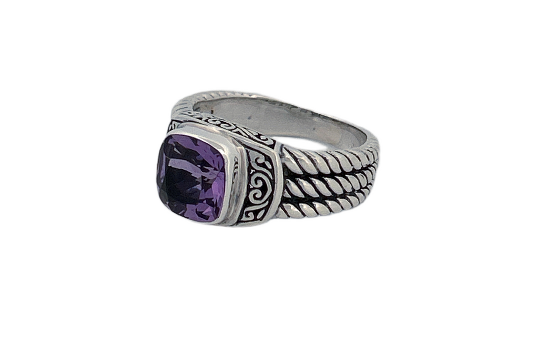 925 Sterling Silver Cushion Cut Natural Amethyst Ring - R42
