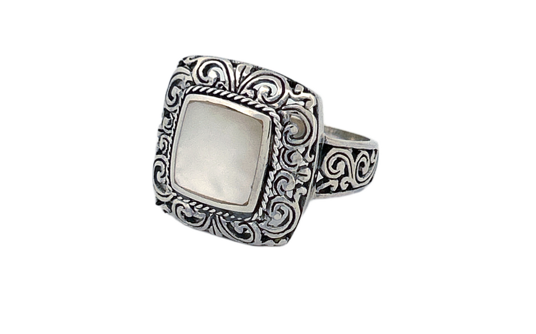 Sterling Silver Mother of Pearl Ring – Square Ornate Design