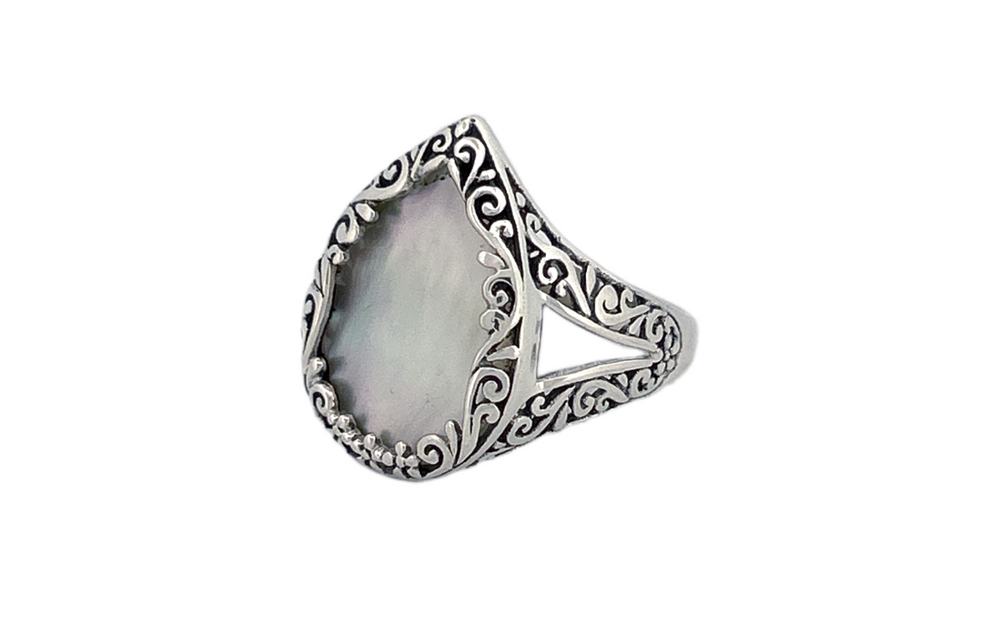 925 Sterling Silver Mother of Pearl Ring | Natural Shell Ring| Handmade Minimalist Jewelry | Genuine Mother of Pearl-R85 A