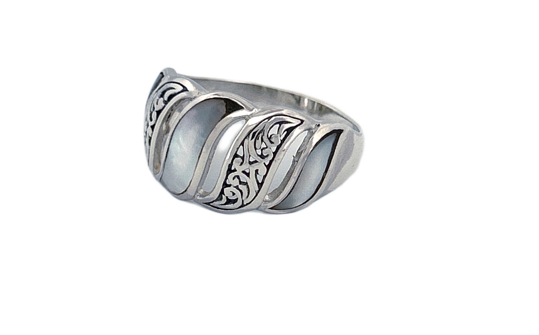 Sterling Silver Mother of Pearl Ring – Wave Pattern Design