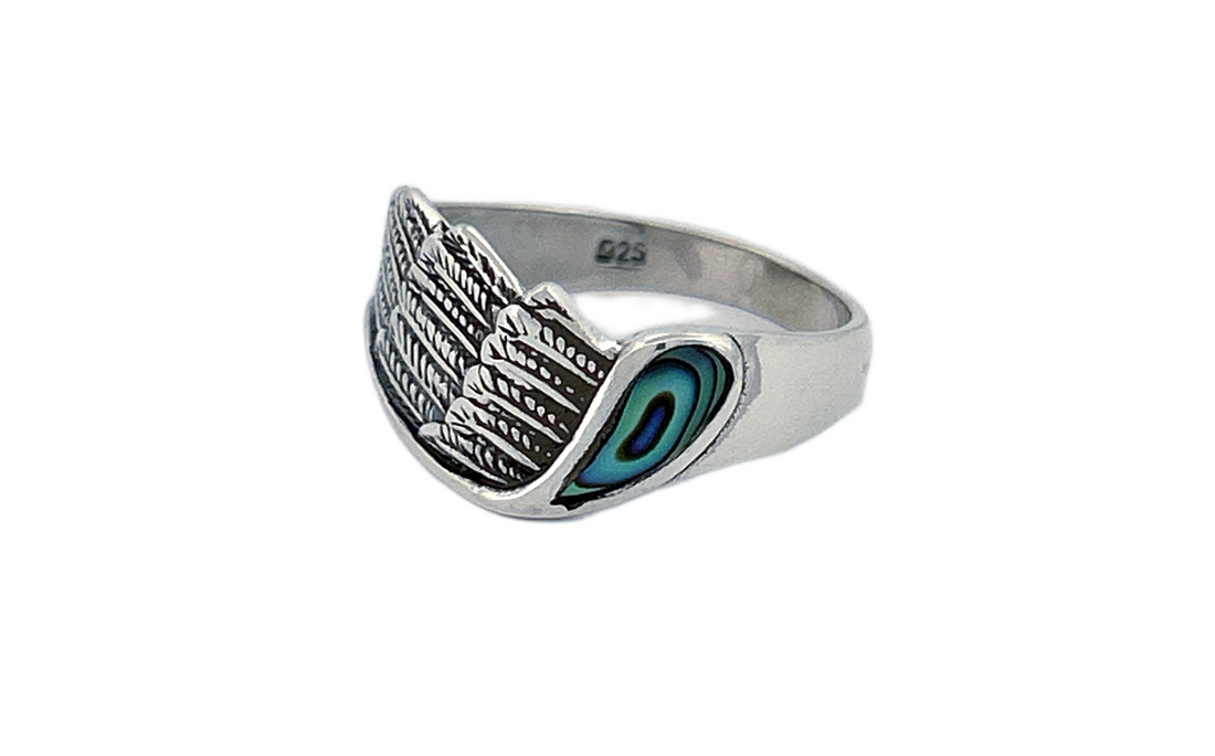 Sterling Silver Abalone Shell Ring – Peacock Feather Design