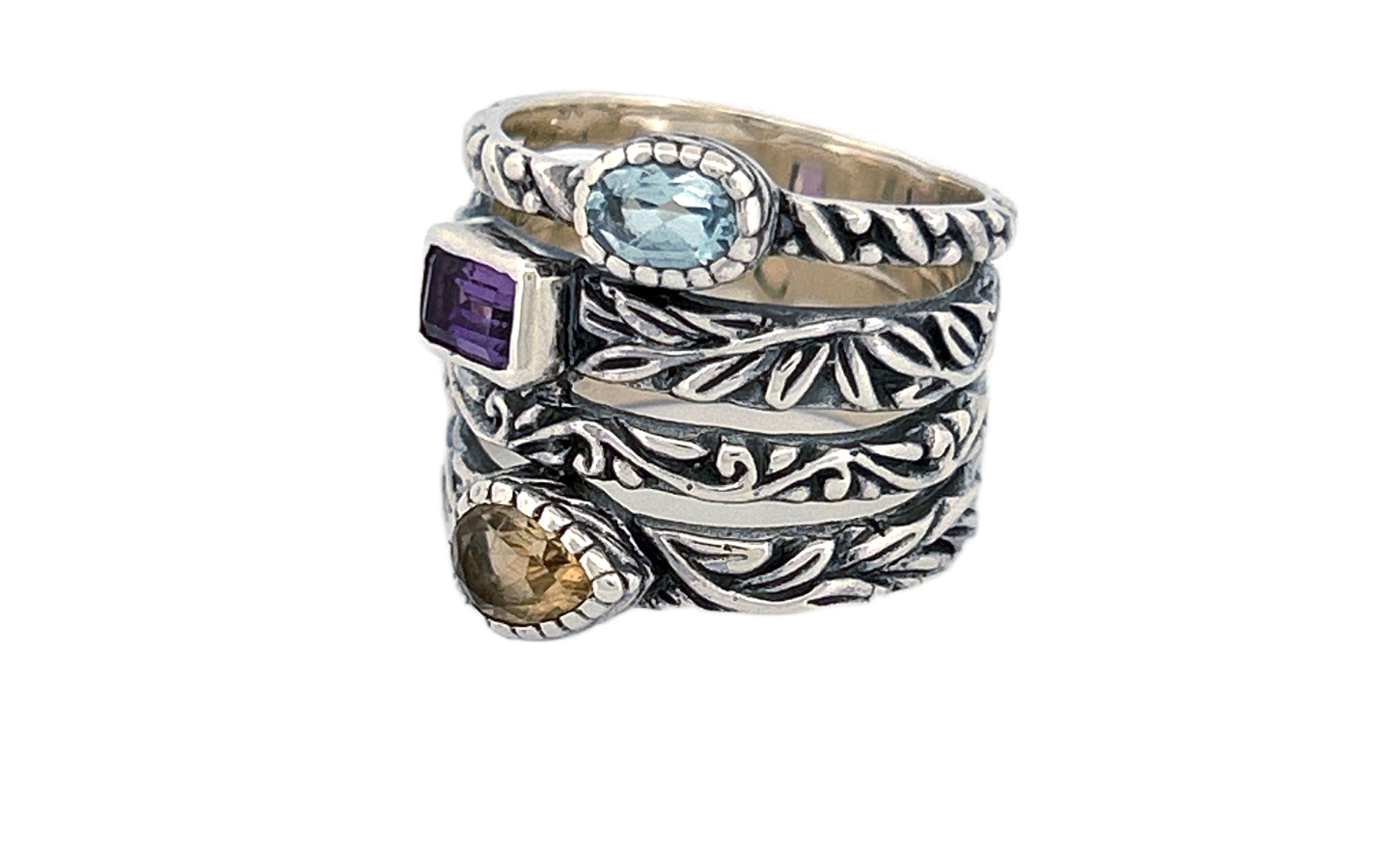 Sterling Silver Gemstone Stack Ring – Blue Topaz, Citrine & Amethyst