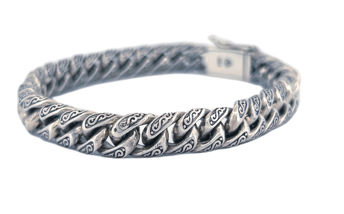 Hand-Carved Cuban Link Sterling Silver Bracelet – Handmade with Secure Box Clasp CB33