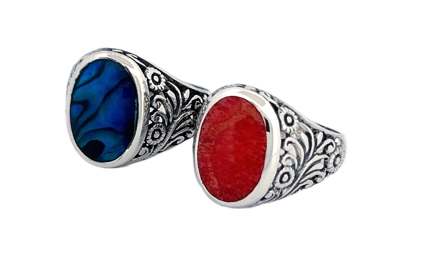 Sterling Silver Gemstone Rings – Abalone Shell & Coral
