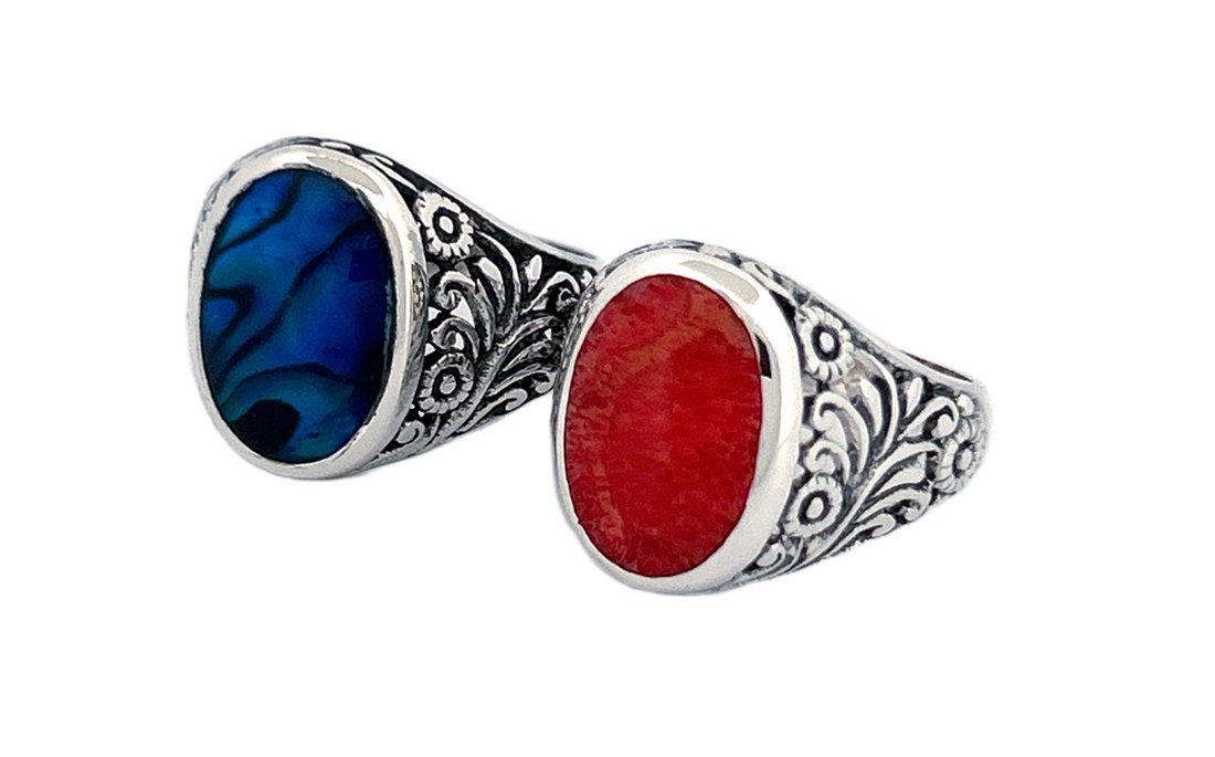 Sterling Silver Gemstone Rings – Abalone Shell & Coral