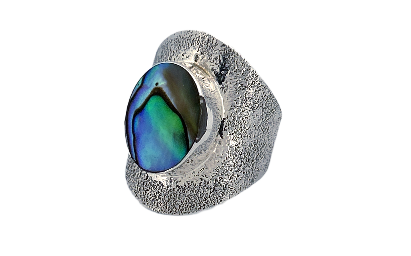 Sterling Silver Abalone Shell Ring – Wide Textured Band