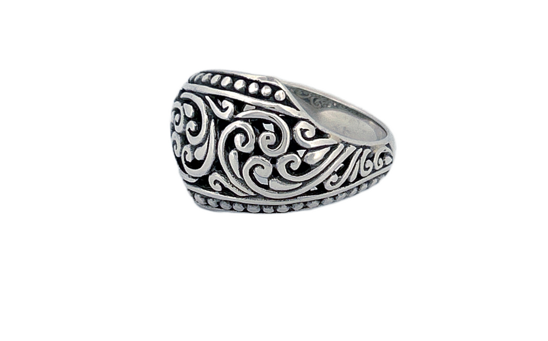 Sterling Silver Ornate Shield Ring – Swirl Design