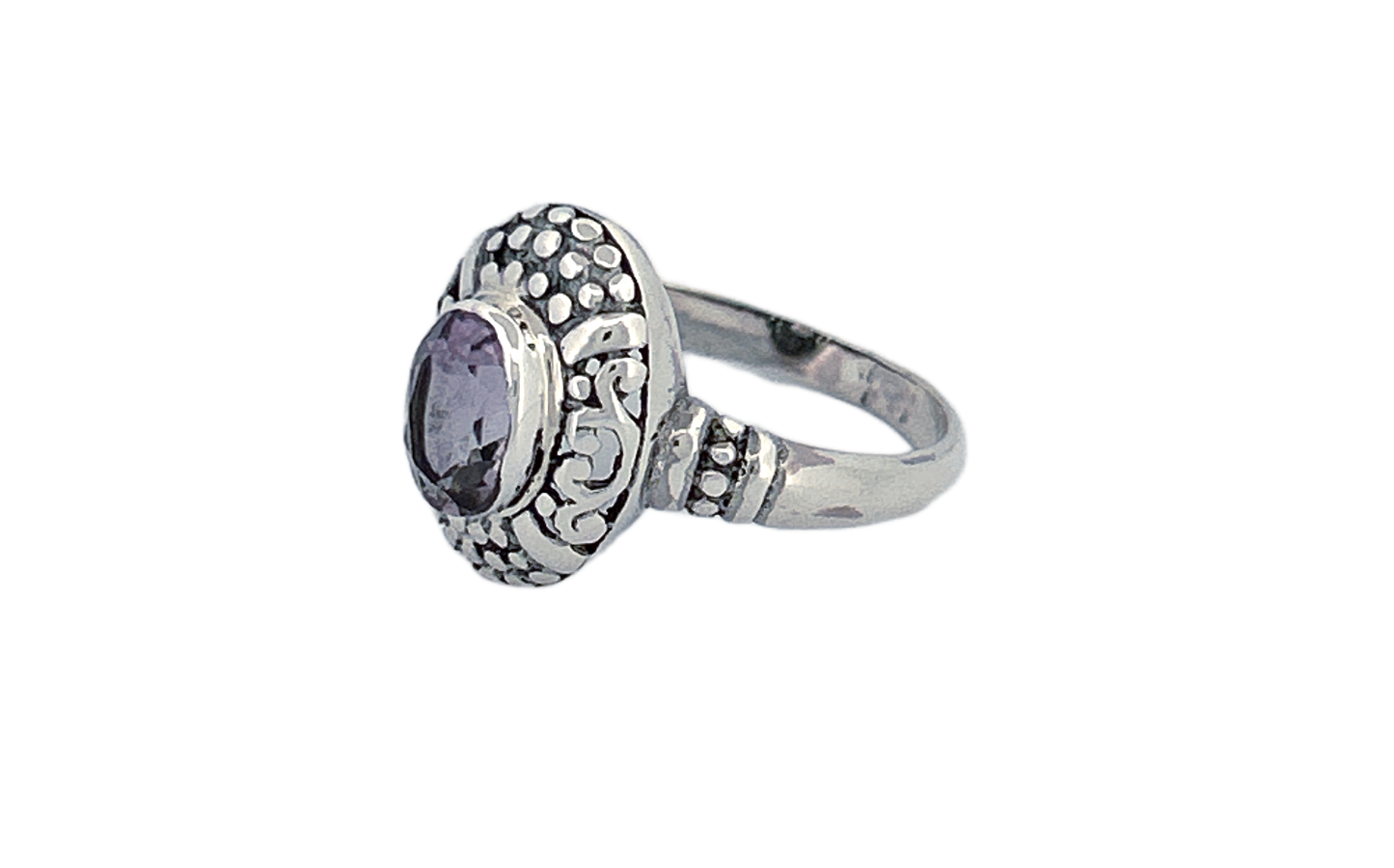 Sterling Silver Amethyst Ring – Ornate Oval Design
