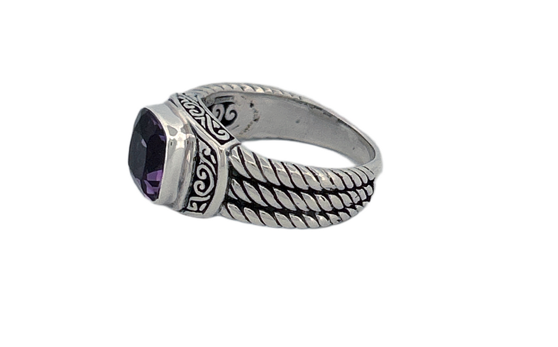 925 Sterling Silver Cushion Cut Natural Amethyst Ring - R42