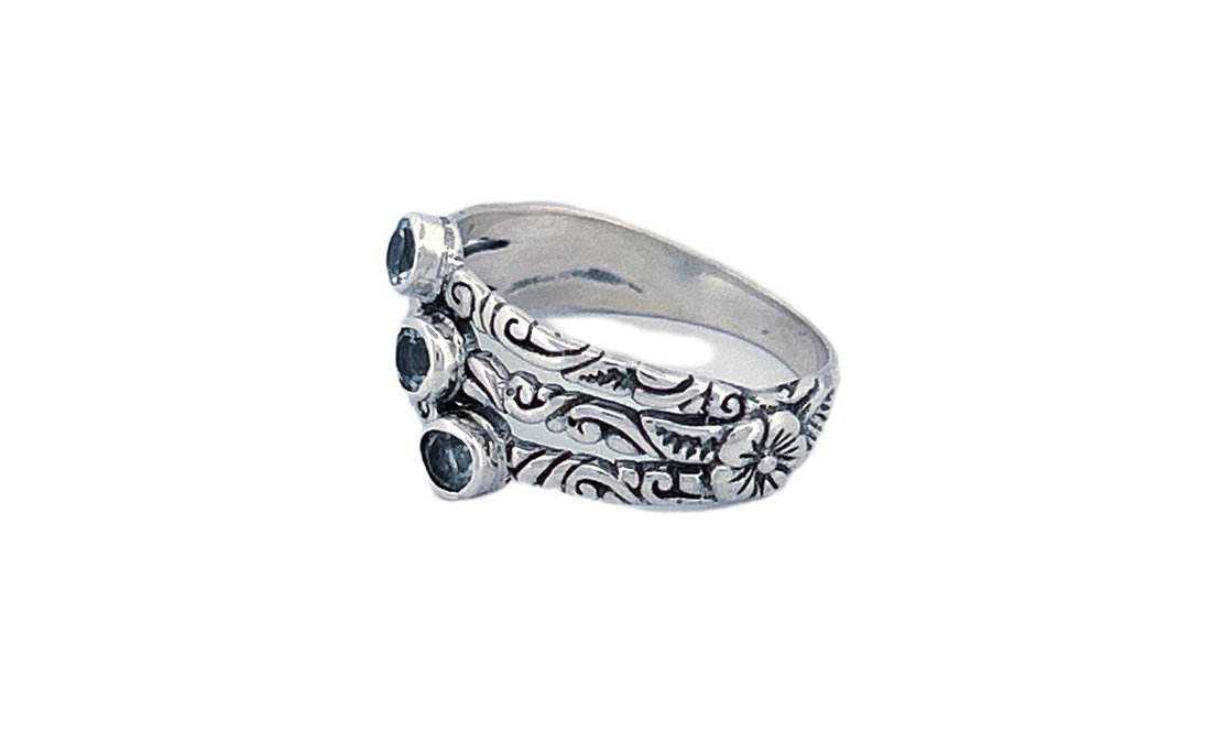 Sterling Silver Triple Gemstone Ring – Blue Topaz