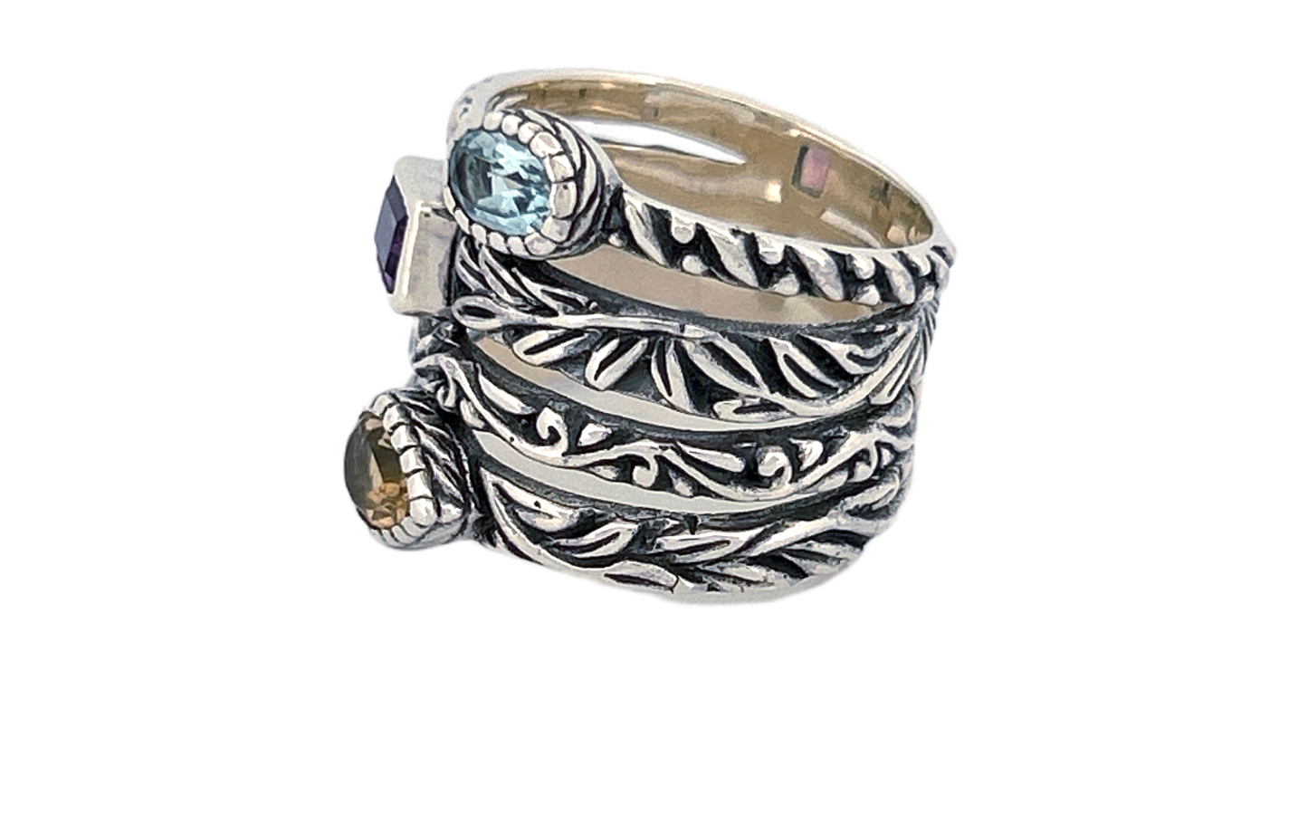 Sterling Silver Gemstone Stack Ring – Blue Topaz, Citrine & Amethyst