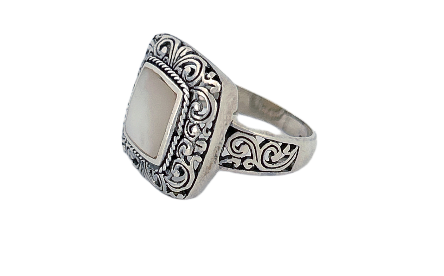 Sterling Silver Mother of Pearl Ring – Square Ornate Design