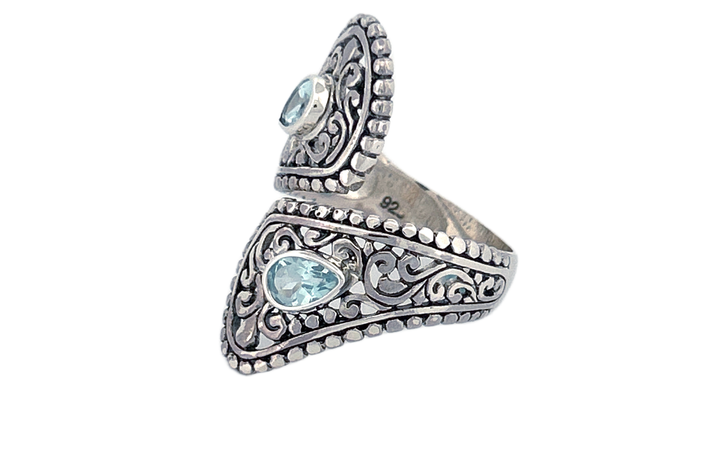 Sterling Silver Blue Topaz Ring – Dual Pear shape Filigree Design