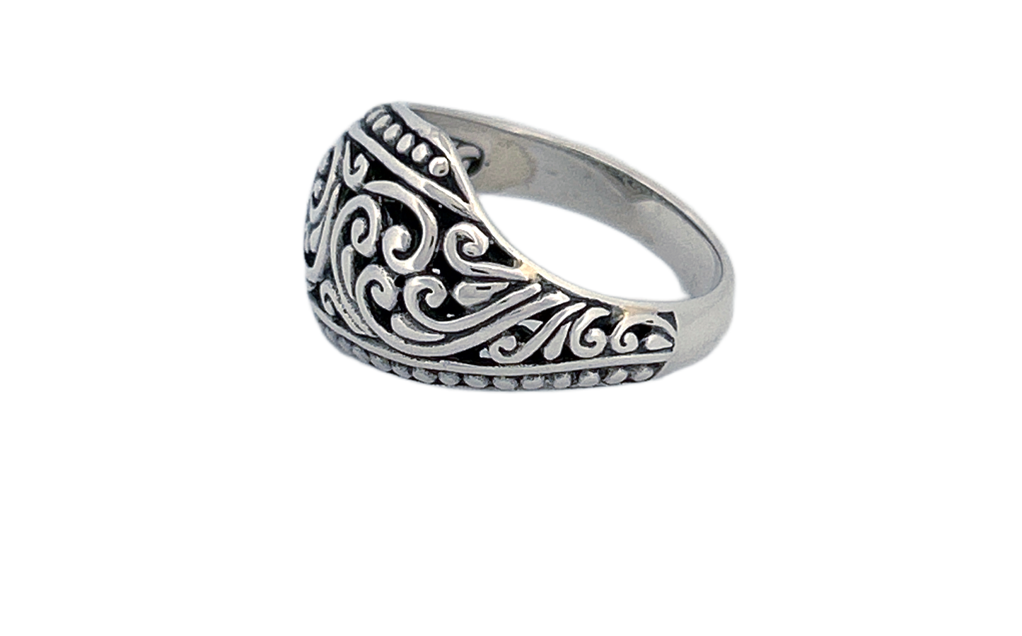 Sterling Silver Ornate Shield Ring – Swirl Design