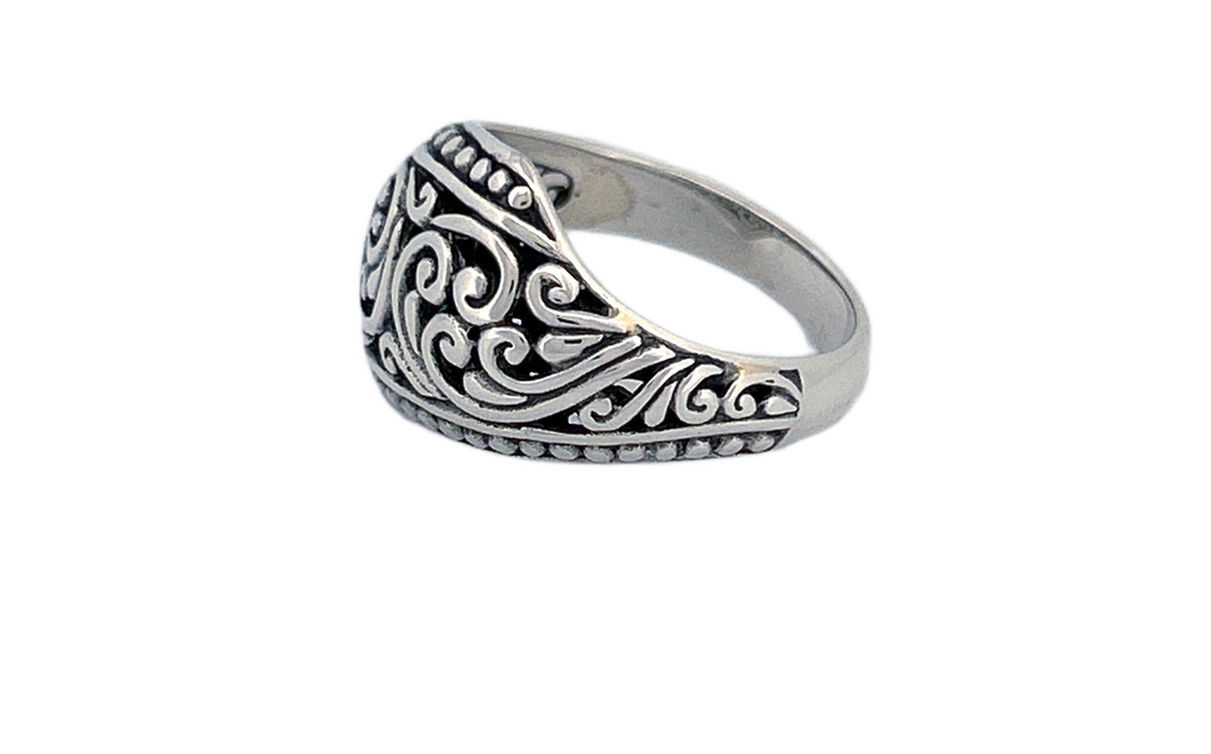Sterling Silver Ornate Shield Ring – Swirl Design