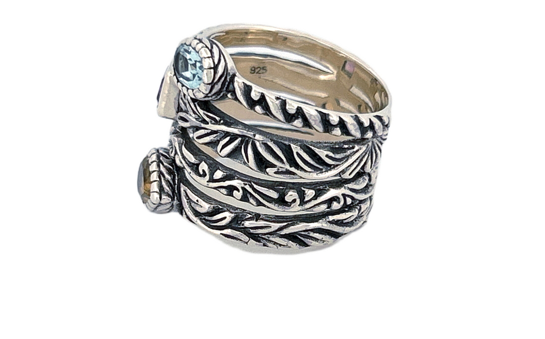Sterling Silver Gemstone Stack Ring – Blue Topaz, Citrine & Amethyst