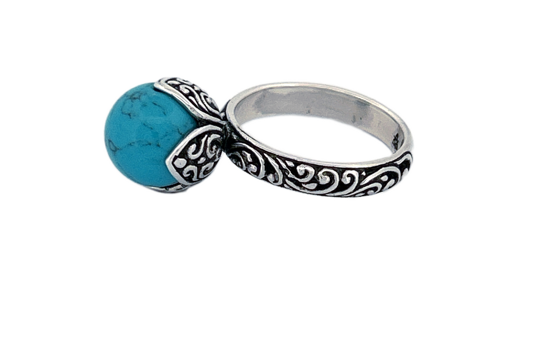 Sterling Silver Turquoise Ring – Ornate Vine Design