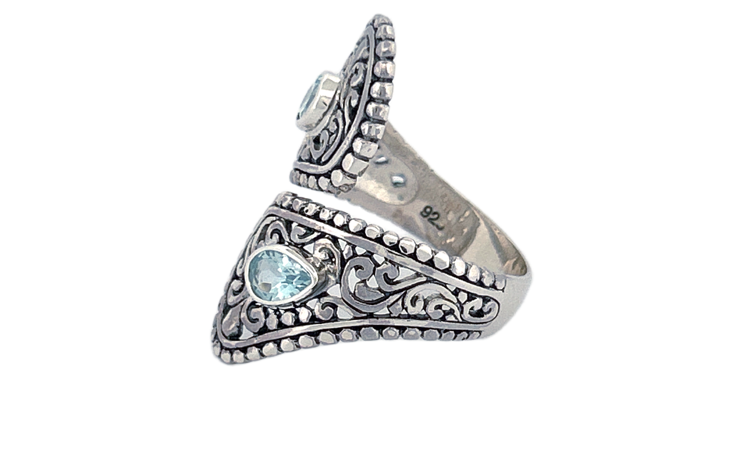 Sterling Silver Blue Topaz Ring – Dual Pear shape Filigree Design