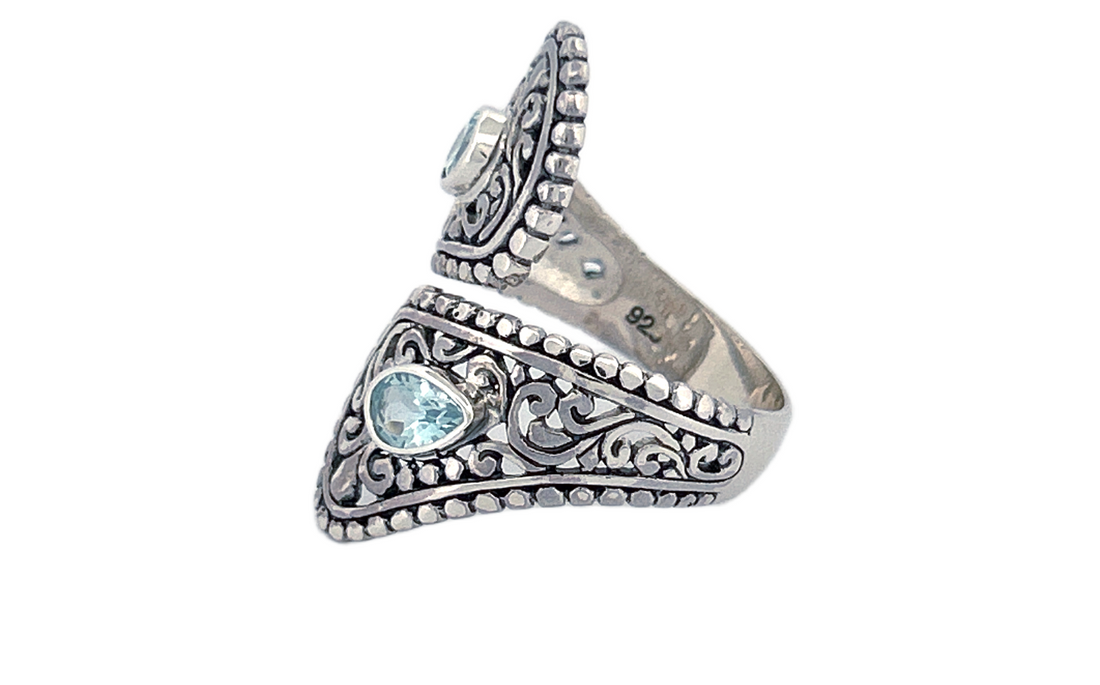 Sterling Silver Blue Topaz Ring – Dual Pear shape Filigree Design