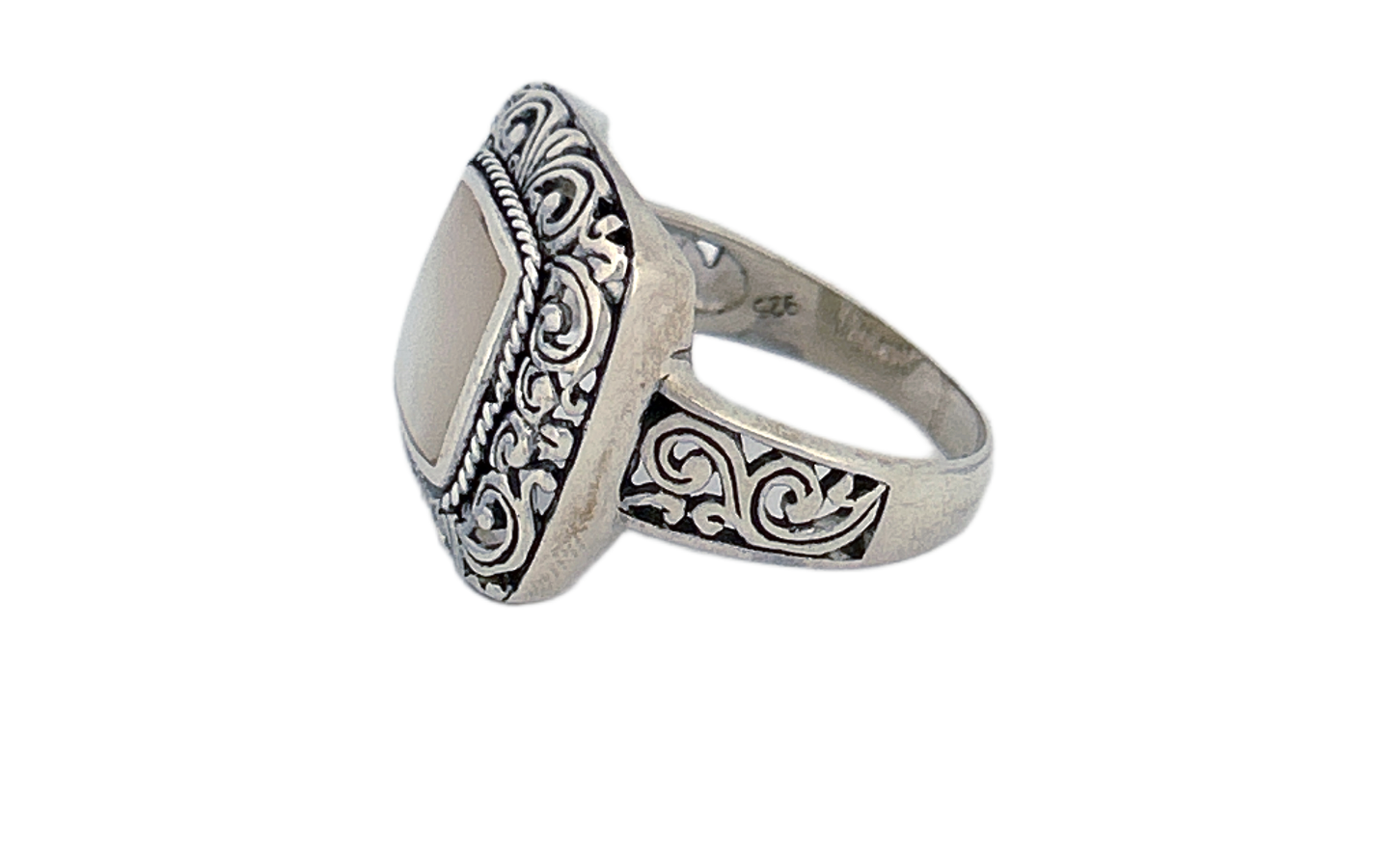 Sterling Silver Mother of Pearl Ring – Square Ornate Design