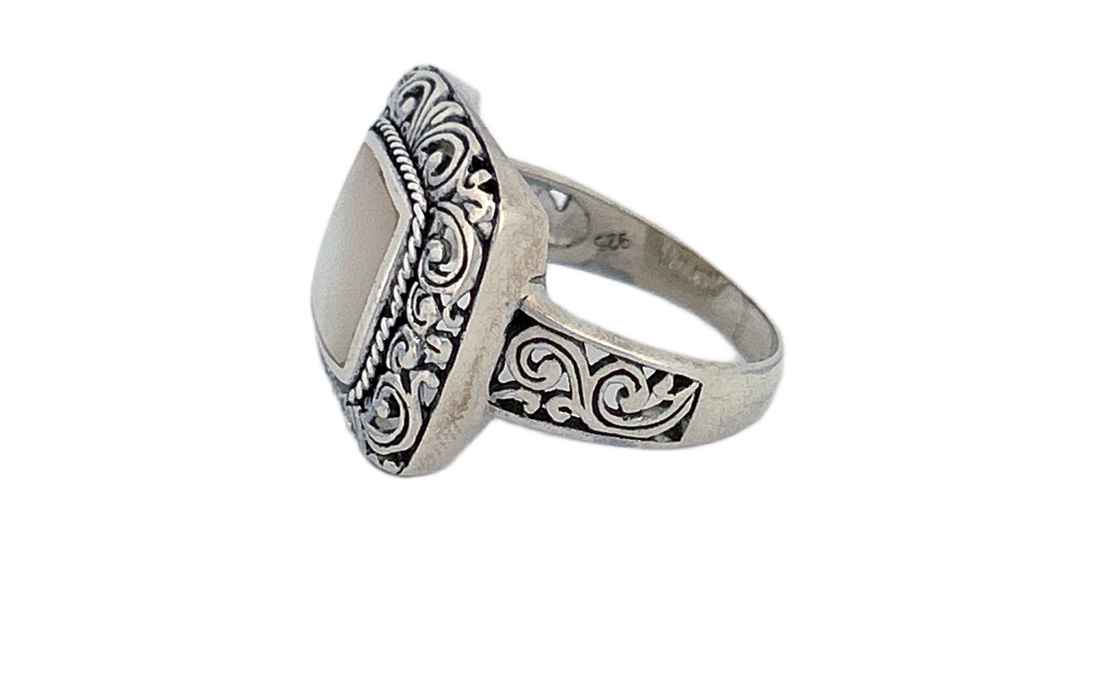 Sterling Silver Mother of Pearl Ring – Square Ornate Design
