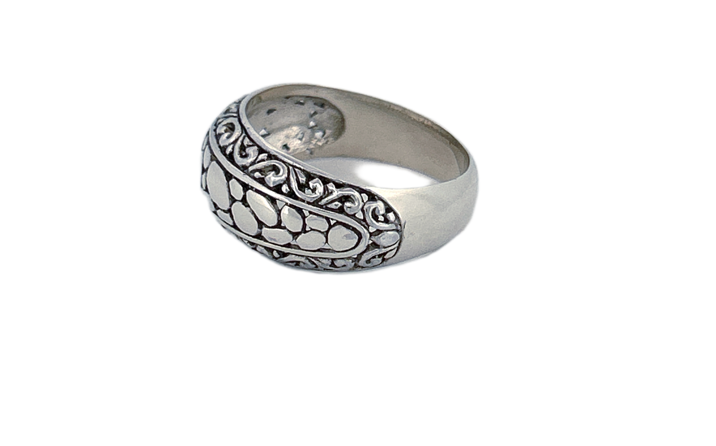 Sterling Silver Band Ring – Pebble & Scroll Pattern