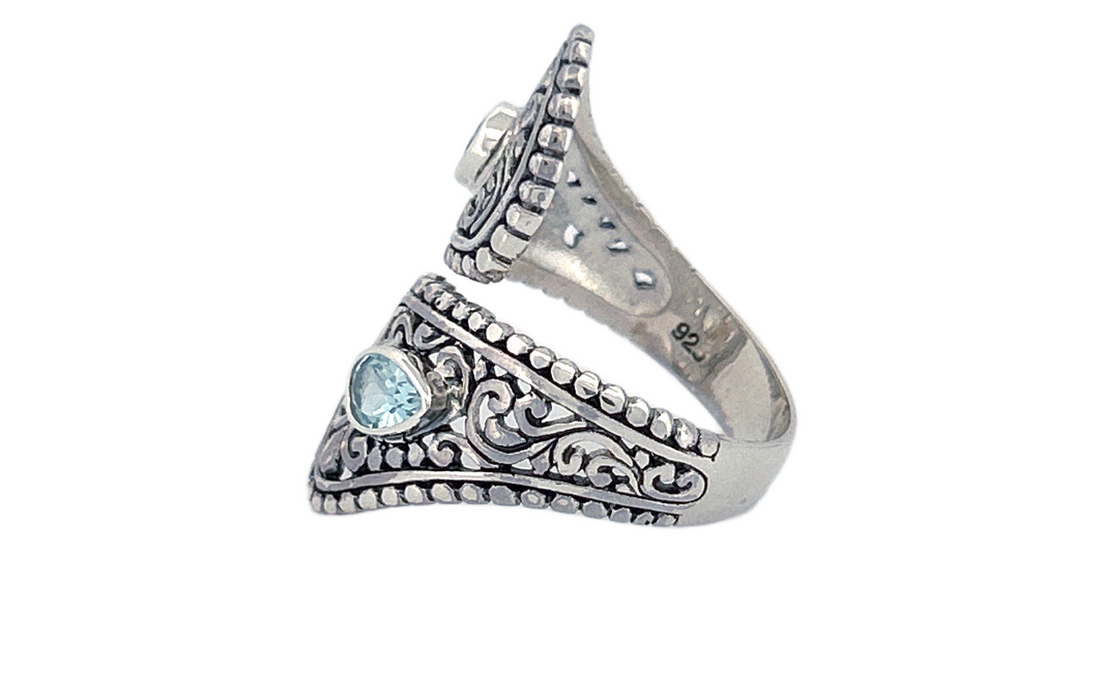 Sterling Silver Blue Topaz Ring – Dual Pear shape Filigree Design