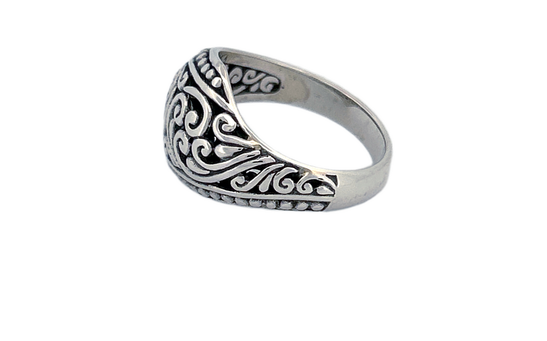 Sterling Silver Ornate Shield Ring – Swirl Design